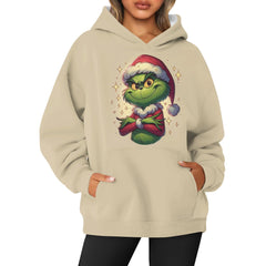 𝑮𝒓𝒊𝒏𝒄𝒉𝒔 Hoodies For Women Long Sleeve Grinchmas Pullover Round Neck Christmas Print Hooded Sweatshirt